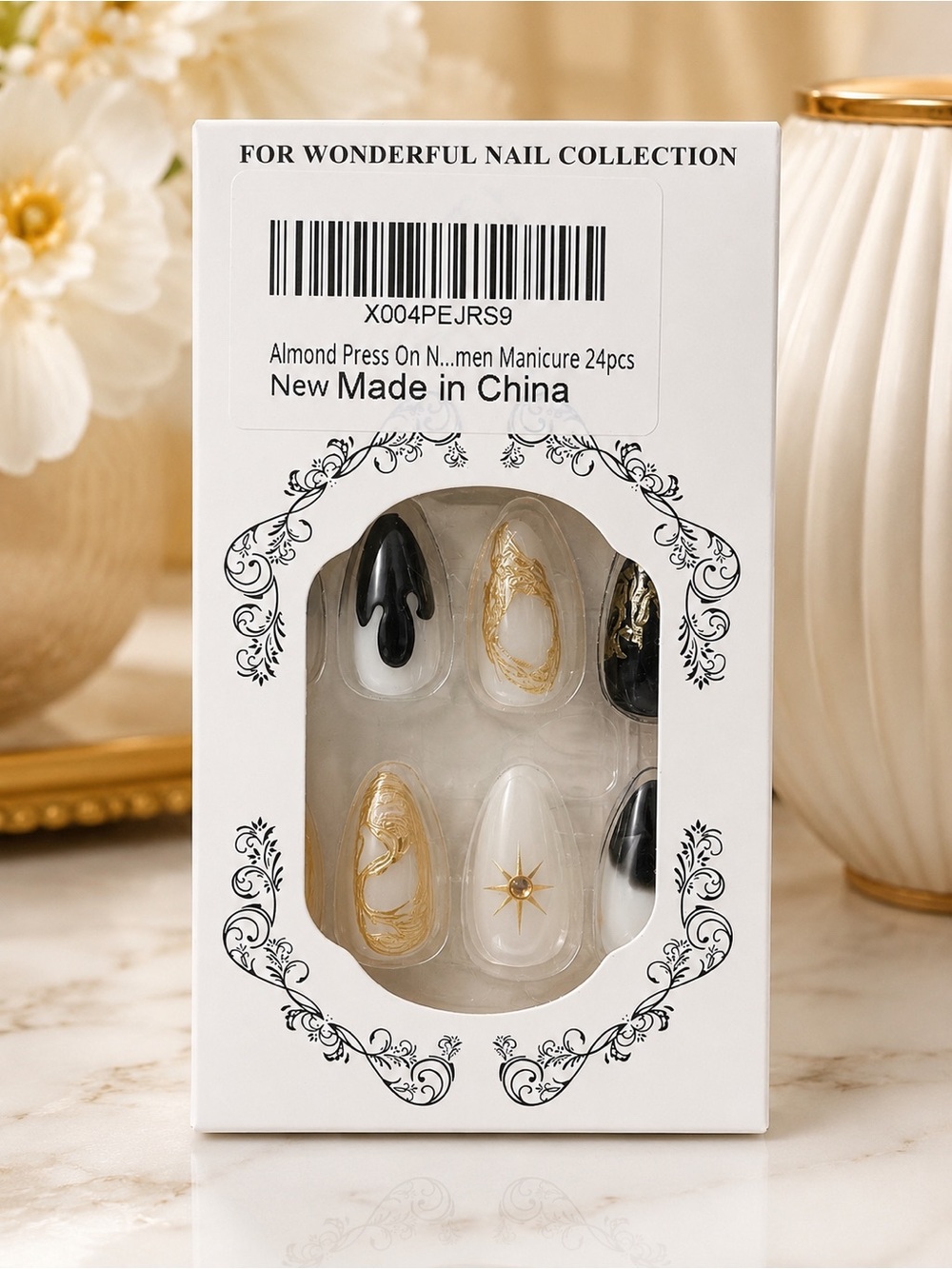 Kui Yudi Press On Nails 24PCS Almond Black Gold Star Rhinestone False Nails
